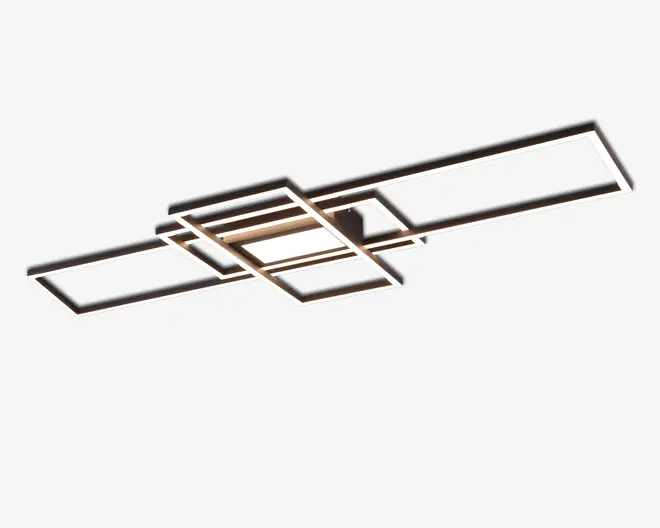 Moderne loftarmatur med et geometrisk design bestående af krydsende rektangulære rammer. Rammerne er oplyst med integreret LED-belysning, som giver en klar og jævn lysfordeling. Armaturet har et slankt, minimalistisk udseende med en metallisk finish, hvilket gør det velegnet til moderne indretning. Den centrale del er let hævet, hvilket tilføjer dybde og visuel interesse til designet.