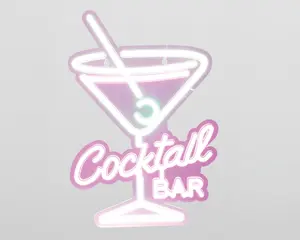 Neonskilt med et martiniglas, en rørepind og en oliven, omkranset af lyserøde og hvide lys. Teksten 'Cocktail Bar' står under glasset, hvor 'Cocktail' er skrevet med stor, kursiv skrift, og 'BAR' står med blokbogstaver. Designet har et retro og legende udtryk med en blød glød.