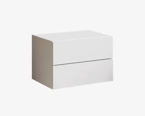 Rektangulær opbevaringsenhed med et minimalistisk design, der har en glat hvid overflade og to rummelige skuffer uden synlige greb. Overfladen er flad, og kanterne er rene og skarpe, hvilket giver et moderne og stilrent udtryk.