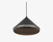 Loftlampe med mat sort, konisk metalskærm og bred, åben bund. Skærmens inderside har en varm bronzefarvet finish, som giver en blød kontrast til det ydre. Lampen hænger i en sort ledning og har et moderne, minimalistisk udtryk. Velegnet til fokuseret, nedadrettet belysning over borde eller køkkenøer.