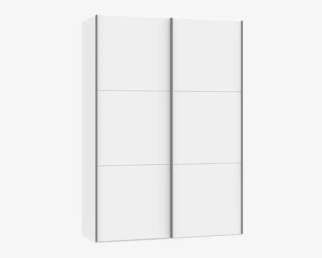 Høj, rektangulær opbevaringsenhed med en glat hvid overflade, der har to store skydedøre, hver opdelt i tre vandrette paneler. Designet er minimalistisk og moderne med rene linjer og uden synlige greb eller dekorative detaljer.