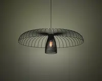 En moderne loftslampe med et sort trådramme-design. Skærmen er bred og cirkulær, og ligner en åben paraply eller blomst, hvor tynde metalstænger stråler ud fra midten. Pæren er synlig og hænger i midten, omgivet af et mindre cylindrisk trådbur. Lampen har et minimalistisk og nutidigt udtryk, og den åbne struktur lader lyset passere frit igennem.