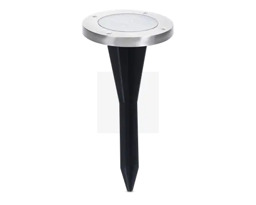 Rund udendørs jordlampe med top i rustfrit stål og klart linse, udstyret med sort spids jordspyd for nem montering i jorden. Toppen har fire synlige skruer, der fastgør linsen, og designet er stilrent og moderne.