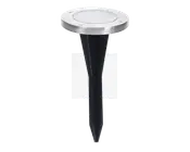 Rund udendørs jordlampe med top i rustfrit stål og klart linse, udstyret med sort spids jordspyd for nem montering i jorden. Toppen har fire synlige skruer, der fastgør linsen, og designet er stilrent og moderne.