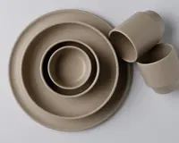 Et sæt mat beige service bestående af to runde tallerkener i forskellige størrelser, en lille skål og to kopper. Designet er minimalistisk med glatte, rene linjer og ensartet farve. Delene kan stables og har et moderne, diskret udtryk.