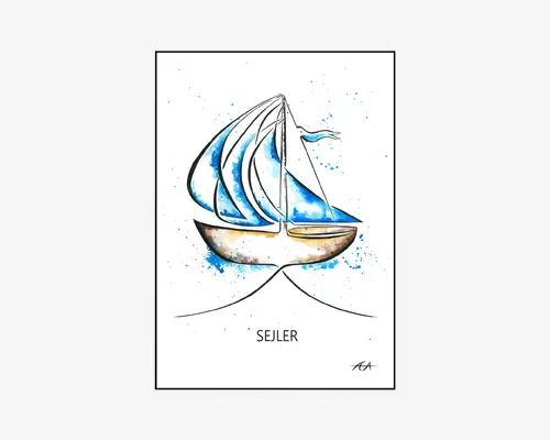 Minimalistisk illustration i akvarelstil, der viser en sejlbåd med blå og hvide sejl. Båden er tegnet med sorte konturer og har lette brune og gule nuancer på skroget. Blå malerpletter giver et dynamisk udtryk omkring sejlene og bunden. Under båden står ordet 'SEJLER' med store bogstaver. Designet er enkelt og kunstnerisk, med en signatur i nederste højre hjørne.