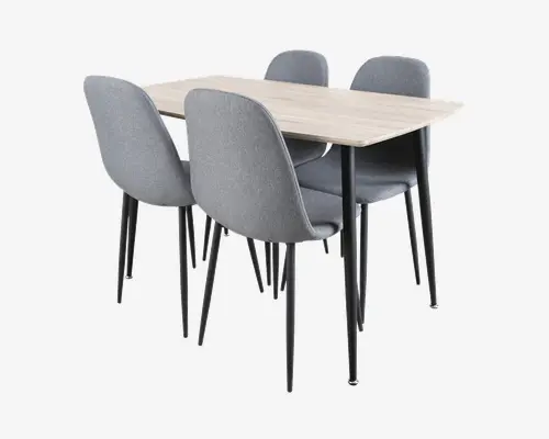 Sættet består af et rektangulært bord med lys træbordplade og fire matchende stole. Stolene har buede rygge og er polstret med blødt gråt stof. Alle dele har slanke, sorte metalben, hvilket giver et moderne og minimalistisk udtryk. Bordet har plads til fire personer.