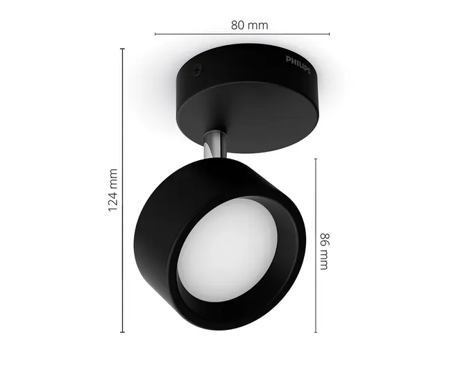 Sort cylindrisk loftsspot med ét justerbart rundt lampehoved, vist med mål på 80 mm i bredden, 124 mm i højden og 86 mm for lampehovedet.