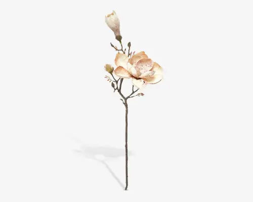 Kunstig blomsterstilk med en stor, blød magnoliablomst i creme og rosa nuancer med naturtro kronblade. Stilkens design inkluderer en lukket knop og små dekorative blade, og har en tekstureret, naturtro overflade, der egner sig til dekoration.