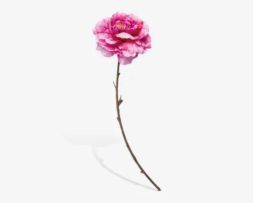 En enkelt kunstig blomsterstilk med en stor, fyldig blomst, der har lagdelte kronblade i nuancer af pink og hvid. Kronbladene har en blød, realistisk tekstur, og midten af blomsten viser detaljerede gule støvdragere. Den lange, slanke stilk er brun og let buet uden blade.