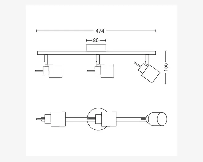 Teknisk tegning, der viser dimensioner og udformning af en loftmonteret lampe med tre justerbare, firkantede lampehoveder. Lampen er 474 mm bred, 155 mm høj, og monteringsbasen er 80 mm bred. Lampehovederne er fastgjort til en vandret stang og kan vinkles for retningsbestemt belysning.