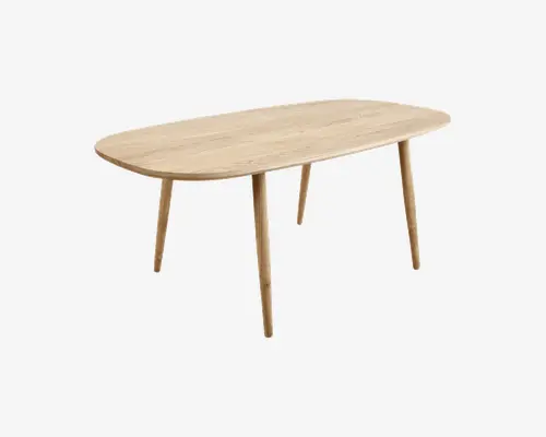 Ovalt bord med en glat, lys træfinish. Bordet har afrundede kanter og fire let tilspidsede ben, hvilket giver et minimalistisk og moderne skandinavisk udtryk. Træets årer er synlige og tilføjer et naturligt præg til designet.
