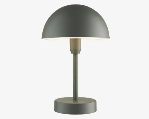 Moderne bordlampe med mat grå finish. Lampen har en kuppelformet skærm, cylindrisk stang og rund fod. Designet er minimalistisk og elegant, og lampen udsender blødt, diffust lys under skærmen. Velegnet til moderne indretning.