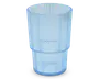 Et højt, cylindrisk drikkeglas lavet af lyseblåt, transparent materiale. Overfladen har lodrette rillede linjer, som giver et tekstureret greb, og glasset er stabelbart med en let indsnævring omkring midten. Designet er moderne og funktionelt, velegnet til daglig brug.