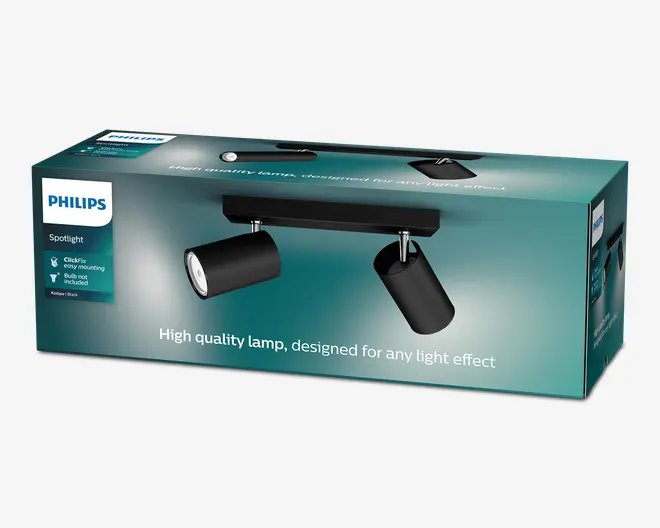 Philips spotlight-emballage i en turkis æske, der viser en sort, justerbar loftslampe med to lampehoveder, slank rektangulær montering og tekst om ClickFix nem montering på forsiden.