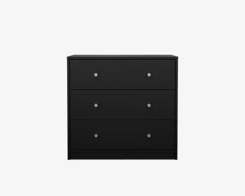 Elegant, moderne kommode med mat sort finish. Har tre rummelige skuffer, hver med to runde, sølvfarvede greb for nem åbning. Designet er minimalistisk med rene linjer, hvilket gør den velegnet til moderne indretning.