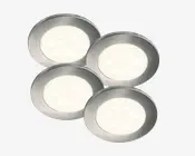Sæt med fire runde LED-lys med børstet metalfinish og mat hvid diffuser. Hvert lys har et slankt, lavprofil design, der egner sig til indbygning eller overflademontering og giver et klart, jævnt lys. Metalrammen giver et moderne og stilrent udseende.