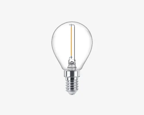 Klar glas lyspære med rund form, hvor en synlig lodret LED-filament ses indeni. Pæren har en blank, metallisk skruefatning, der passer til små sokler. Designet er moderne og energieffektivt, med mærkenavnet trykt nær fatningen.