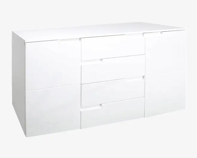 Et moderne, hvidt opbevaringsmøbel med minimalistisk design, der har seks skuffer og to skabslåger. Skufferne og lågerne har integrerede greb, hvilket giver et stilrent og grebsfrit udtryk. Overfladen er glat og blank, hvilket giver et rent og moderne look.