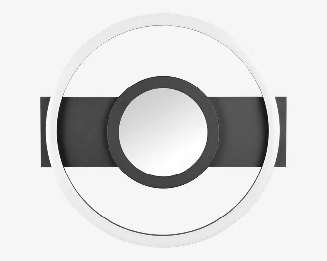 Moderne vægmonteret armatur med et cirkulært design, der har et centralt spejl omgivet af en sort ring og et bredt, horisontalt sort bånd. Den yderste ring er oplyst og giver et blødt, jævnt lys. Kombinationen af mat sort og hvid finish giver et stilrent, minimalistisk udtryk. Velegnet som accent- eller spejlbelysning.