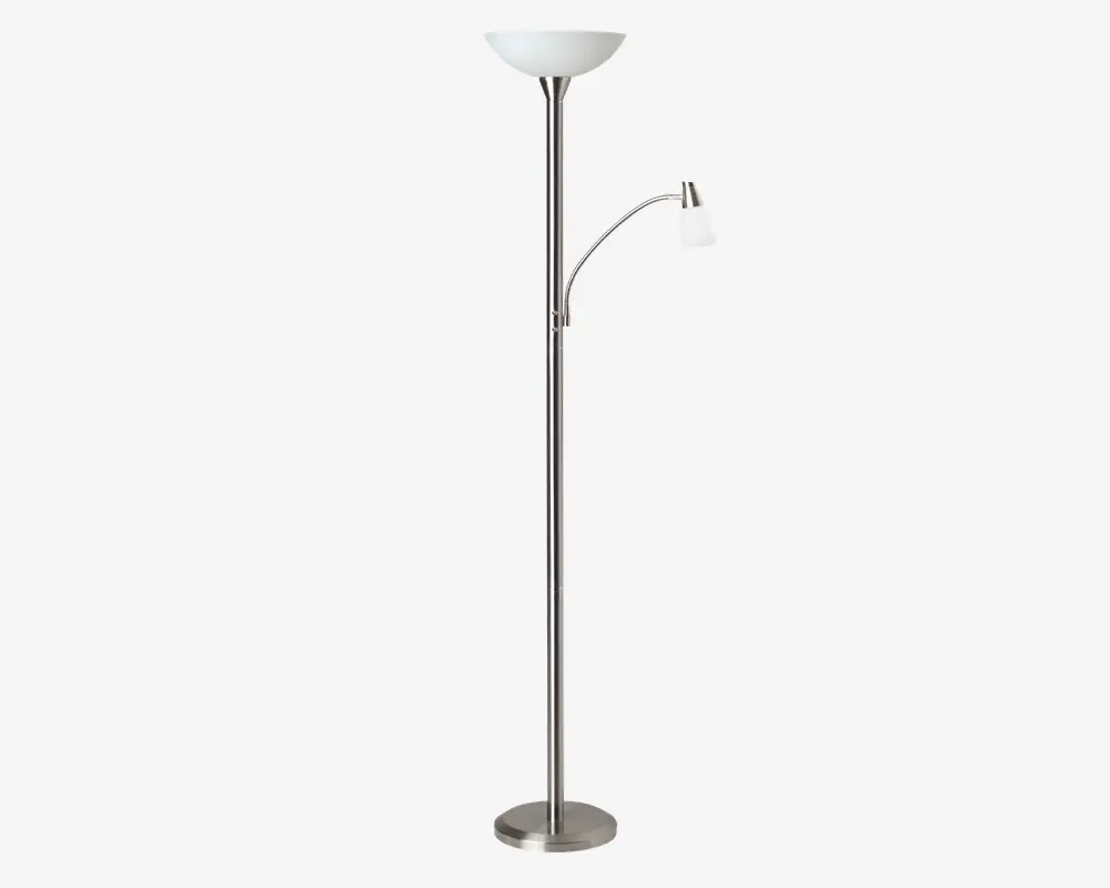 Høj, moderne standerlampe med børstet metalfinish. Lampen har en rund, stabil fod og en lige stang, der fører op til en opadrettet skålformet lampeskærm i mat glas. Der er desuden en justerbar læselampe med en lille lampeskærm i mat glas, som sidder på en buet arm, der går ud fra hovedstangen.