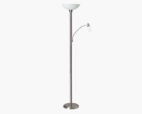 Høj, moderne standerlampe med børstet metalfinish. Lampen har en rund, stabil fod og en lige stang, der fører op til en opadrettet skålformet lampeskærm i mat glas. Der er desuden en justerbar læselampe med en lille lampeskærm i mat glas, som sidder på en buet arm, der går ud fra hovedstangen.