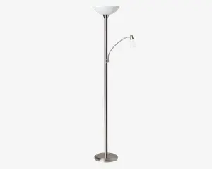 Høj, moderne standerlampe med børstet metalfinish. Lampen har en rund, stabil fod og en lige stang, der fører op til en opadrettet skålformet lampeskærm i mat glas. Der er desuden en justerbar læselampe med en lille lampeskærm i mat glas, som sidder på en buet arm, der går ud fra hovedstangen.