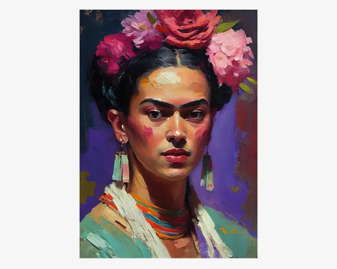 Billedet viser en person med mørkt opsat hår, pyntet med en farverig blomsterkrans bestående af store lyserøde og røde blomster. Personen bærer lange, rektangulære øreringe og flere farverige perlehalskæder. Tøjet er lysegrønt med hvide detaljer, og baggrunden er malet med kraftige, ekspressive penselstrøg i lilla, blå og røde nuancer.