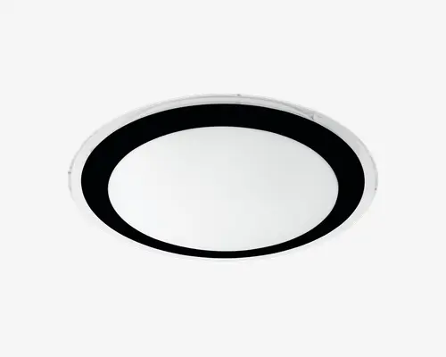 Rund loftlampe med et stilrent, moderne design. Lampen har en hvid, central diffuser omgivet af en markant sort ring, hvilket giver en flot kontrast. Armaturet har en lav profil og monteres tæt til loftet, hvilket gør det velegnet til moderne indretninger.