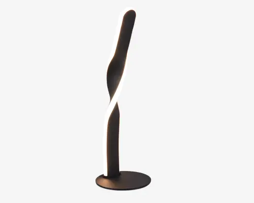 Moderne bordlampe med et snoet, skulpturelt design. Lampen har en mat sort finish og en sammenhængende LED-lysbånd, der snor sig op langs strukturen og skaber et blødt, stemningsfuldt lys. Den står på en rund, flad fod for stabilitet og har et slankt, minimalistisk udseende, der passer til moderne indretning.