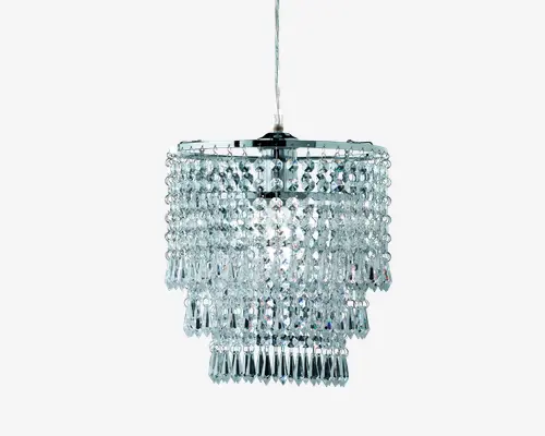 Elegant hængende lampe med flere lag af klare, facetslebne krystalprismer arrangeret i koncentriske cirkler. Krystallerne hænger fra en poleret kromramme, hvilket skaber en funklende og luksuriøs effekt, når lampen er tændt. Lampen er designet til at hænge fra loftet med en central stang og er velegnet til at tilføje et strejf af glamour til spisestuer, entréer eller stuer.