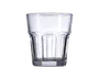 Klar glas tumbler med facetslebet design, der har lodrette riller rundt om siderne for bedre greb. Glasset har en tyk, solid bund for stabilitet og en let udadbuet kant for behagelig drikning. Velegnet til servering af vand, juice eller andre drikkevarer.