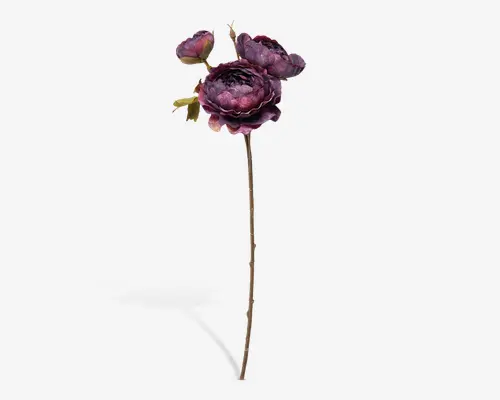 Kunstig blomsterstilk med en stor, fuldt udsprunget mørkelilla pæon med lagdelte kronblade, ledsaget af to mindre knopper og et par grønne blade. Stilken er lang, slank og brun, hvilket giver et realistisk udseende, der egner sig til dekoration.