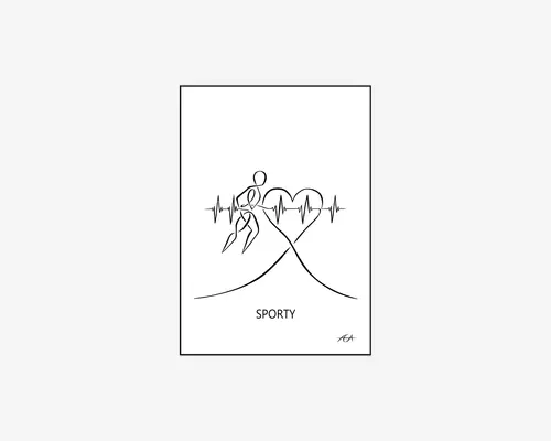 Minimalistisk sort stregtegning, der viser en stiliseret løbende figur med en hjertelinje, der danner et hjerte i baggrunden. Ordet 'SPORTY' står under illustrationen, og der er en lille kunstnersignatur i nederste højre hjørne. Designet er enkelt og moderne med fokus på bevægelse og energi.