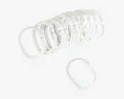 Et sæt hvide, ovale plastikringe med et lille hængsel eller samling på den ene side, så de kan åbnes og lukkes. Ringene har en glat overflade og er ens i størrelsen, velegnede til at holde eller organisere ting sammen.