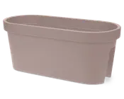 Rektangulær beholder i taupe-farve med afrundede kanter og en glat, mat overflade. Den har en bred kant øverst og et integreret støttebeslag på den ene side, som er designet til sikker placering på gelændere eller afsatser. Beholderen er dyb og rummelig, velegnet til jord og planter.