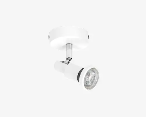 Justerbar loftspot med cylindrisk hvid metal krop og kromdetaljer. Spotlampens hoved kan vippes og drejes for retningsbestemt belysning. Armaturet har en rund base til sikker montering i loftet og en klar linse for fokuseret lys.