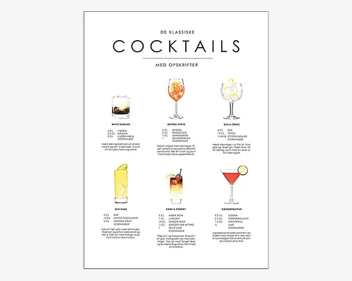 Minimalistisk plakat med seks illustrerede cocktails, hver vist i et klart glas, så drikkens farve og pynt fremhæves. Hver cocktail har navn og opskrift med ingredienser og mål i centiliter. Plakaten har et rent, moderne typografi og hvid baggrund, hvilket får de farverige drinks til at træde tydeligt frem. Cocktails på plakaten er White Russian, Aperol Spritz, Gin & Tonic, Gin Hass, Dark & Stormy og Cosmopolitan. Designet er elegant og informativt, velegnet til køkken eller bar.