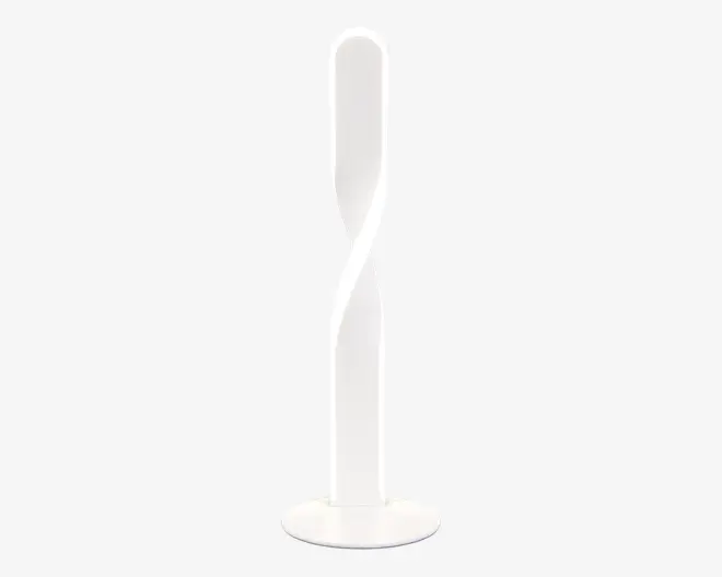Slank, moderne lampe med et snoet, spiralformet design. Lampen er hvid med en mat overflade og står på en rund, flad fod. Det minimalistiske udtryk passer til nutidige indretninger, og den snoede form giver et dekorativt præg, samtidig med at lyset fordeles jævnt.