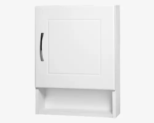 Vægmonteret skab med glat, hvid overflade, udstyret med en enkelt låge med rektangulært, nedfældet panel og et elegant, buet metalhåndtag i venstre side. Under lågen er der en åben hylde til ekstra opbevaring eller udstilling. Designet er moderne og minimalistisk, velegnet til forskellige rumtyper.