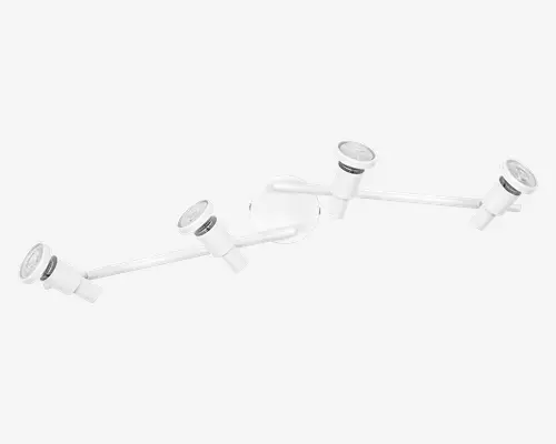 Moderne loftlampe med fire justerbare spots monteret på en slank, hvid metalstang. Hver spot kan drejes individuelt for at rette lyset, hvor det ønskes. Lampen har et minimalistisk design, der passer til moderne indretning, og er fastgjort til en rund loftbase for sikker montering.