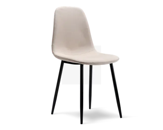 Stol med glat, lysebeige formstøbt sæde og ryglæn, der har et let buet ergonomisk design. Støttes af fire slanke, sorte metalben, som er let udadskrånende for stabilitet. Sædet har et minimalistisk, moderne udseende uden synlige syninger eller polstring.
