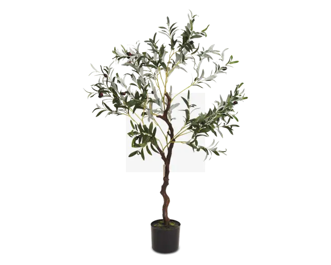 Høj kunstig plante med snoet brun stamme og flere grene med tætte, realistiske grønne blade med lyse kanter. Planten står i en enkel sort potte med kunstig jord i bunden. Udseendet er frodigt og naturtro, velegnet til indendørs dekoration.