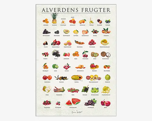 En dekorativ plakat med farverige, detaljerede illustrationer af forskellige frugter arrangeret i et gitter. Hver frugt er mærket med sit danske navn, og plakaten viser et bredt udvalg af frugter som ananas, banan, druer, vandmelon, æble og mange flere. Baggrunden er lys, og frugtillustrationerne er livagtige og realistiske, hvilket gør plakaten både lærerig og flot at se på. Øverst står titlen 'Alverdens Frugter.'