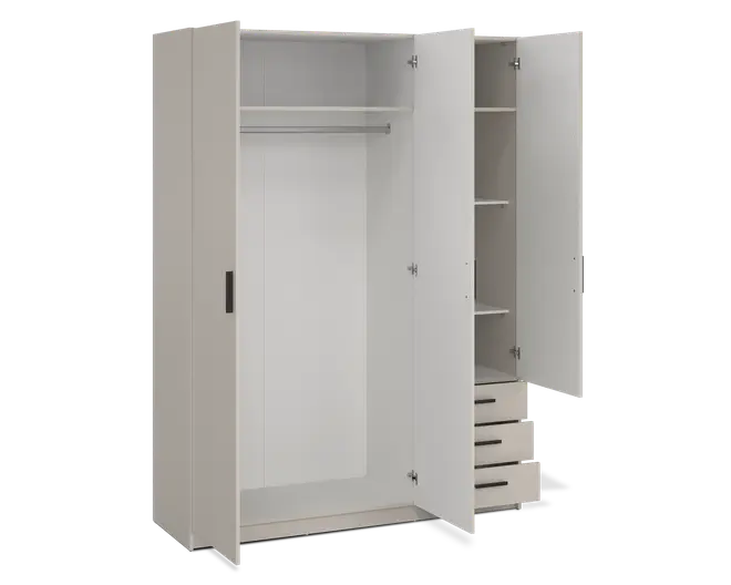Et moderne garderobeskab med tre låger, vist åbent for at vise dets indretning. Venstre sektion har et stort ophængningsområde med en metalstang til tøj og en hylde ovenover til ekstra opbevaring. Højre sektion indeholder tre justerbare hylder til sammenlagt tøj eller tilbehør, og nedenunder er der tre udtræks-skuffer med vandrette greb. Skabet har en glat, lys overflade og minimalistiske greb for et rent, moderne udtryk.