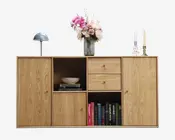 Reolopstilling med døre og skuffer olieret eg