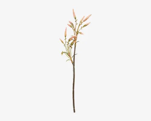 Kunstig blomsterstilk med slanke grønne blade og aflange, lyserøde blomsterknopper. Stilken er høj og tynd med flere forgreninger, hvilket giver et naturligt og elegant udtryk, der egner sig til dekoration.