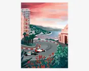 Illustration af to Formel 1-biler, der kører rundt i et skarpt, palmeomkranset gadehjørne med rød-hvide kantsten, omgivet af moderne højhuse, frodig beplantning og en naturskøn kystbugt ved solnedgang. Himlen er malet i varme pink og orange nuancer, og der er røde blomster i forgrunden.