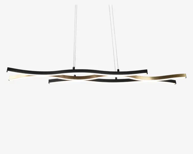Moderne pendellampe med to sammenflettede, bølgeformede LED-lysstænger. Lysstængerne har en elegant sort og gylden finish, som giver et markant udtryk. Lampen hænger ned fra loftet i to slanke, justerbare stænger, så ophængningshøjden kan tilpasses. Designet er minimalistisk og nutidigt, velegnet til spiseområder eller køkkenøer.