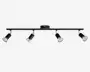 Sort loftmonteret skinnespot med en lang vandret skinne og fire justerbare spotlamper.